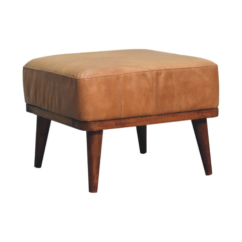 Tan buffalo leather footstool with wooden base and tapered legs perfect for living room seating or footrest