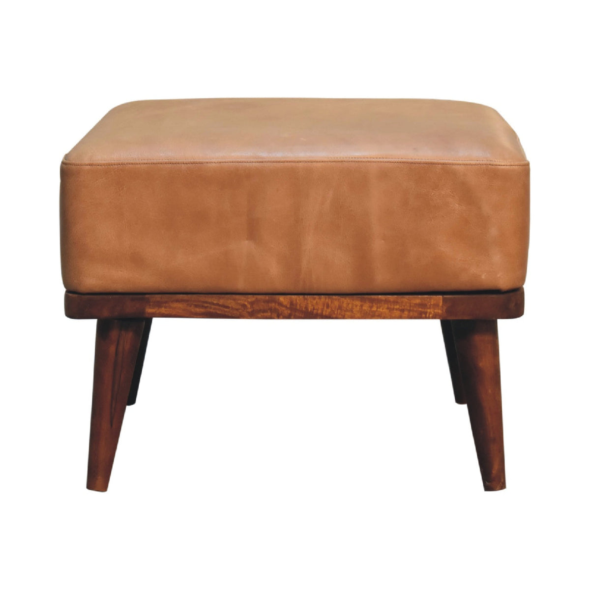 Tan buffalo leather footstool with tan leather ottoman top and wooden base with tapered legs