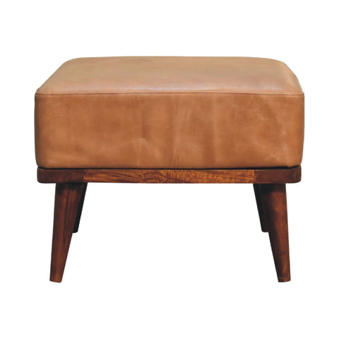 Tan buffalo leather footstool with tan leather ottoman top and wooden base with tapered legs