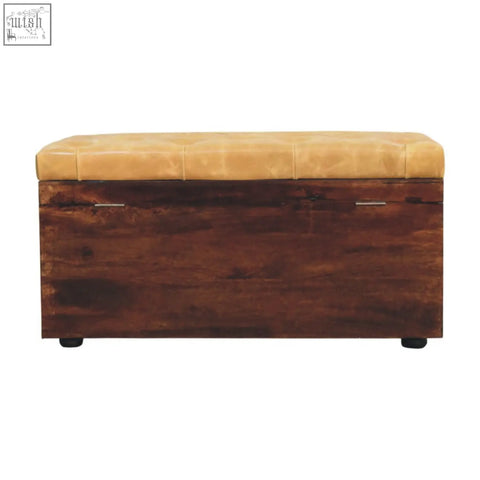 Brown wooden storage trunk bench with tan leather top perfect for stylish storage and seating
