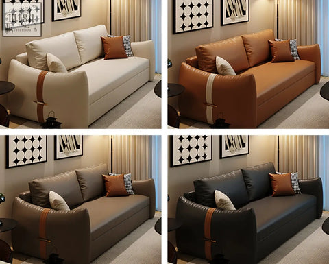 Tanak two seater sofa bed in beige brown gray and black leather with tan straps perfect seater sofa bed option
