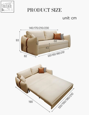 Beige tanak two seater sofa bed with brown leather straps and matching throw pillows in leathaire material