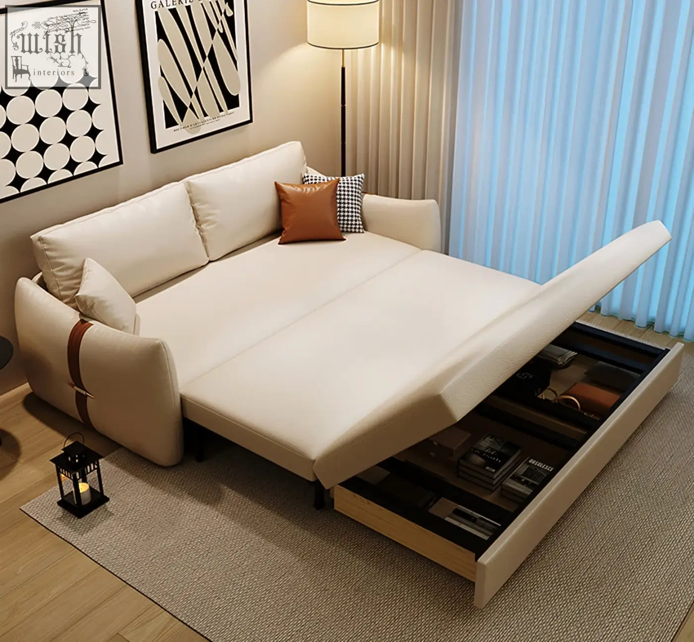 Beige leathaire tanak two seater sofa bed with sleek design and integrated storage drawer for smart living spaces