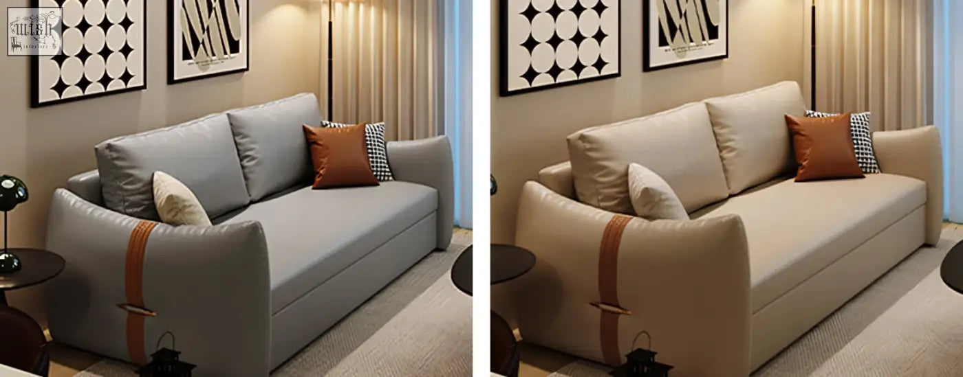 Beige tanak two seater sofa bed with leathaire straps and matching throw pillows for comfy seating and sleeping