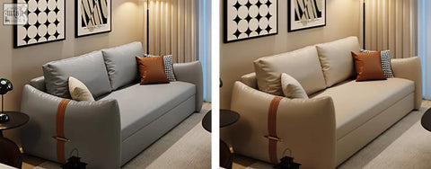 Beige tanak two seater sofa bed with leathaire straps and matching throw pillows for comfy seating and sleeping