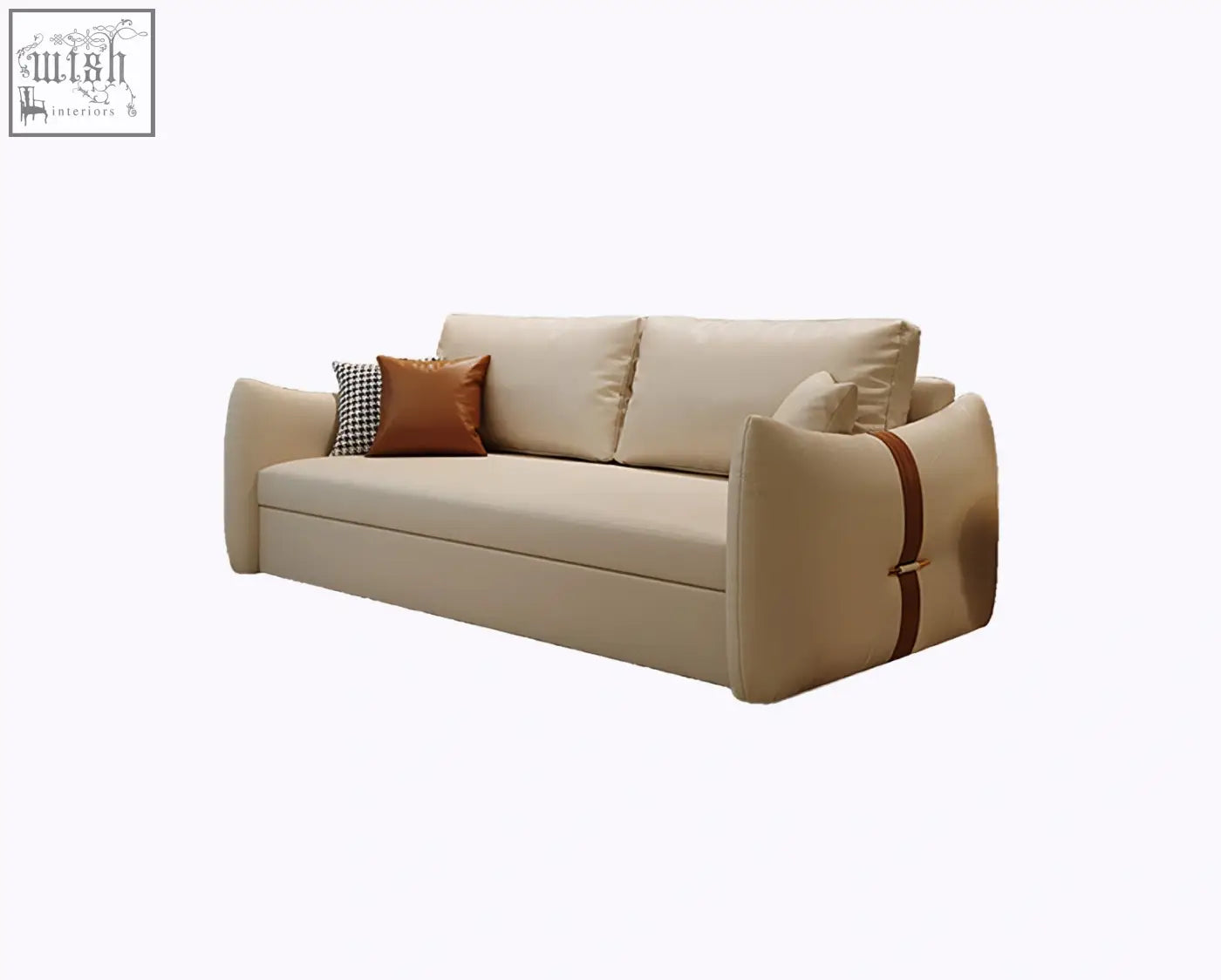 Tanak two seater sofa bed with beige upholstery, brown leather straps, and matching throw pillows in leathaire material