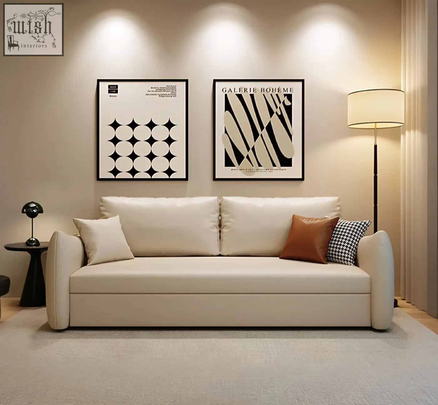 Cream-colored leather tanak two seater sofa bed with clean lines and mixed throw pillows in modern design