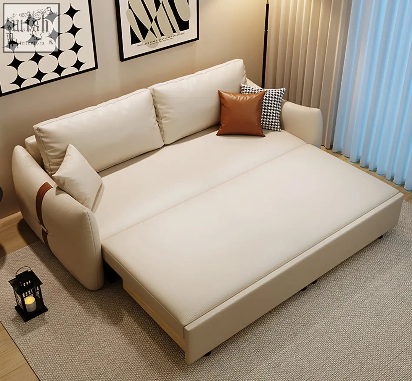 Cream-colored leathaire tanak two seater sofa bed with plush cushions and a sleek modern design