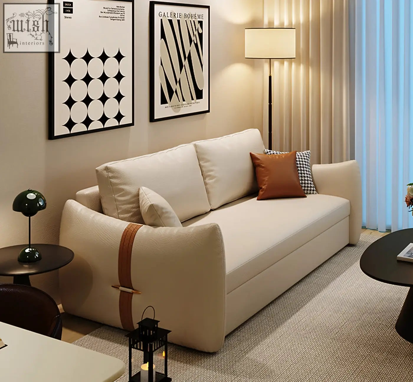 Cream-colored tanak two seater sofa bed with brown leather strap accent in leathaire material available in more colours