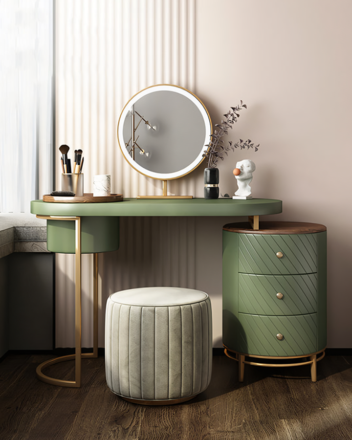 Modern sage green tandy dressing table with gold-tone legs and round led mirror paired with matching storage unit
