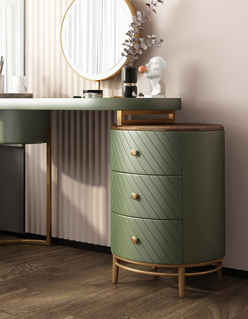 Olive green cylindrical dresser with diagonal leather texture and gold hardware for tandy dressing table use