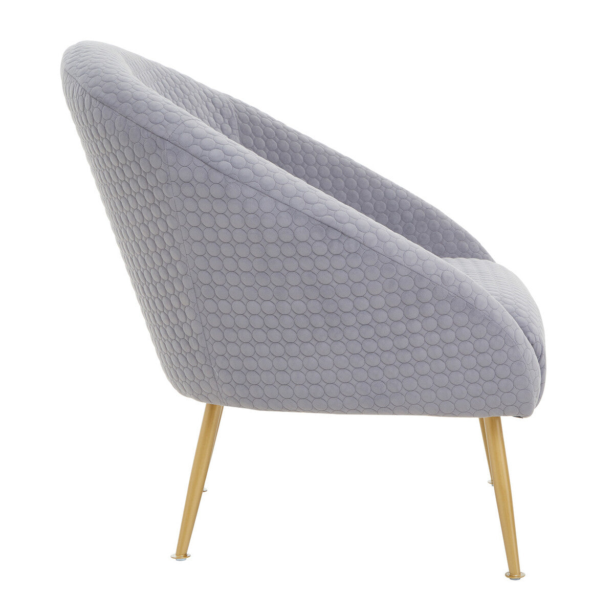 Tania grey occasional chair with quilted honeycomb pattern grey upholstery and slender gold tone legs