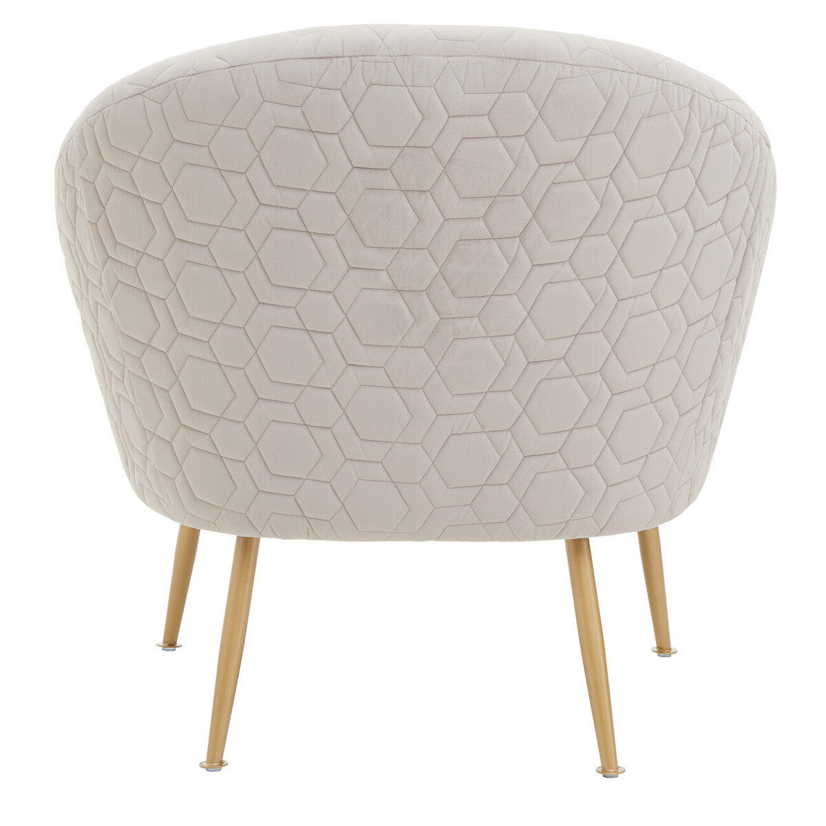 Cream-colored natural occasional chair with quilted hexagonal upholstery and slender gold-tone legs perfect for any space