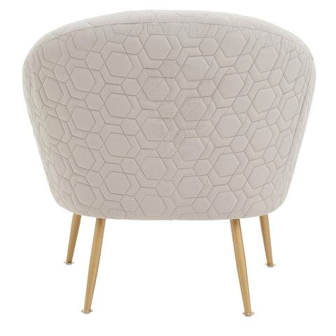 Cream-colored natural occasional chair with quilted hexagonal upholstery and slender gold-tone legs perfect for any space