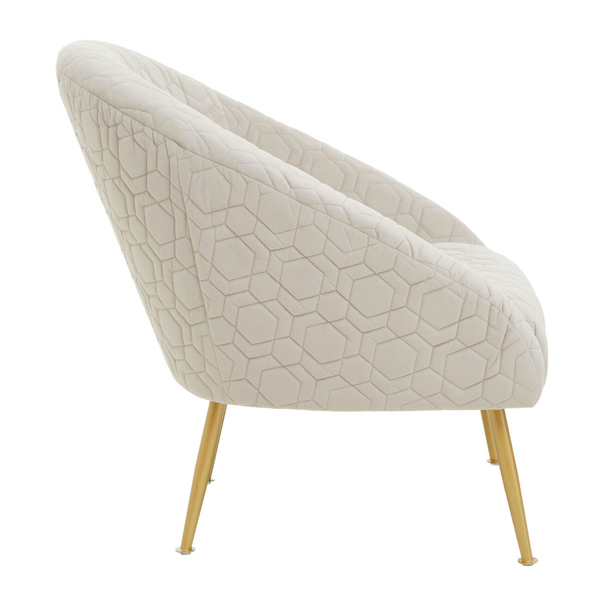 Cream-colored natural occasional chair with hexagonal quilted upholstery and slender gold-tone metal legs