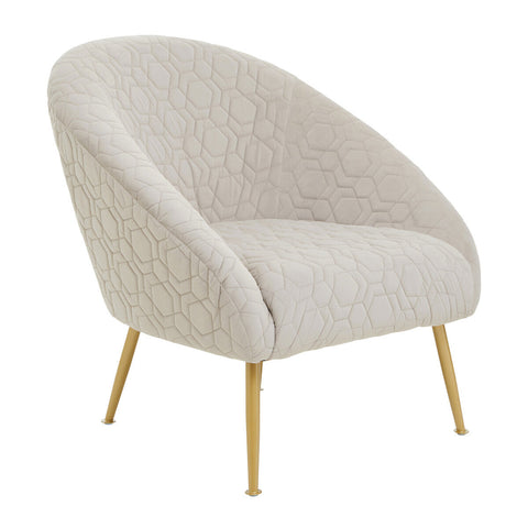 Cream-colored velvet natural occasional chair with quilted hex pattern and slim gold-tone metal legs