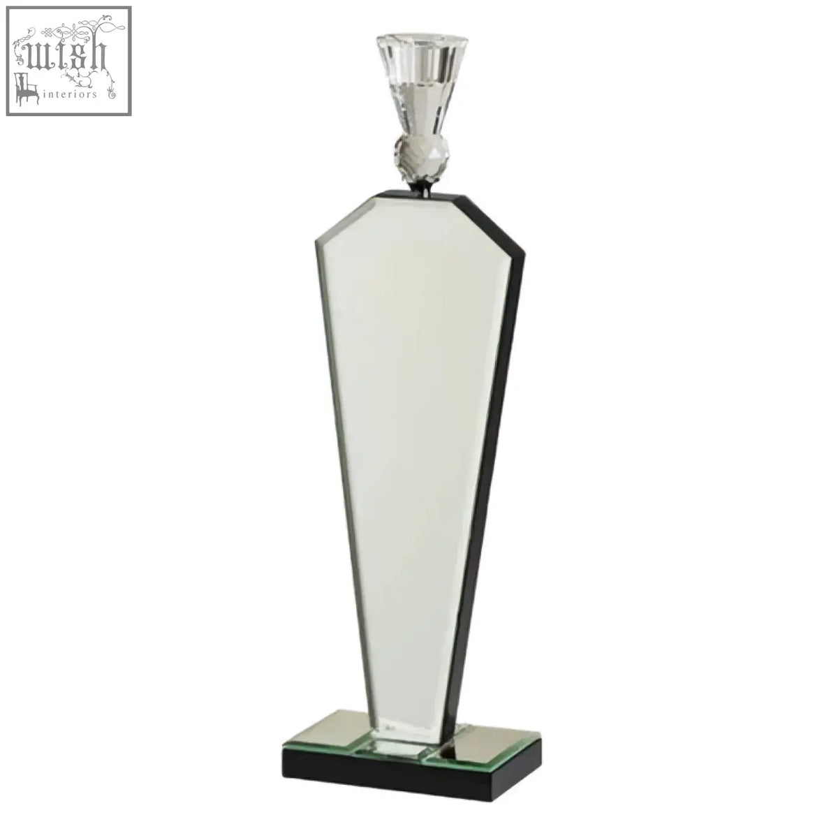 Tapered large candle holder with sleek black frame mirrored panels and faceted crystal top silver candle holder