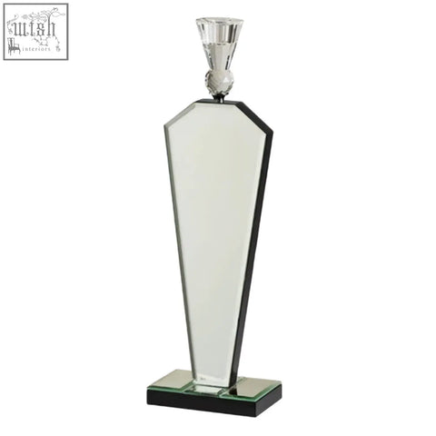Tapered large candle holder with sleek black frame mirrored panels and faceted crystal top silver candle holder