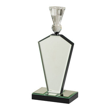 Tapered small candle holder with clear mirrored glass, black base, and crystal top perfect as a silver candle holder