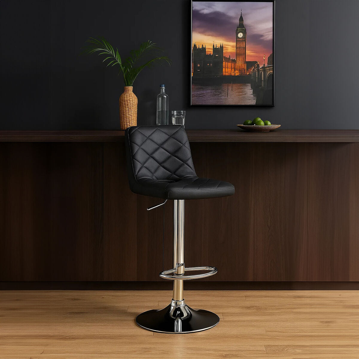 Black quilted grey faux leather bar stool with chrome adjustable height base and footrest tara grey faux leather bar chair