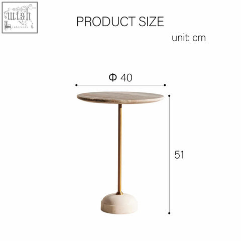 Tarantino side table with a light wood top cream stone base and slender gold stainless steel leg minimalist design