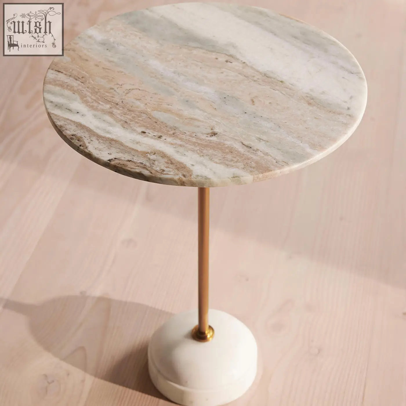 Round tarantino side table with white marble top brass leg and stainless steel base for stylish living room use
