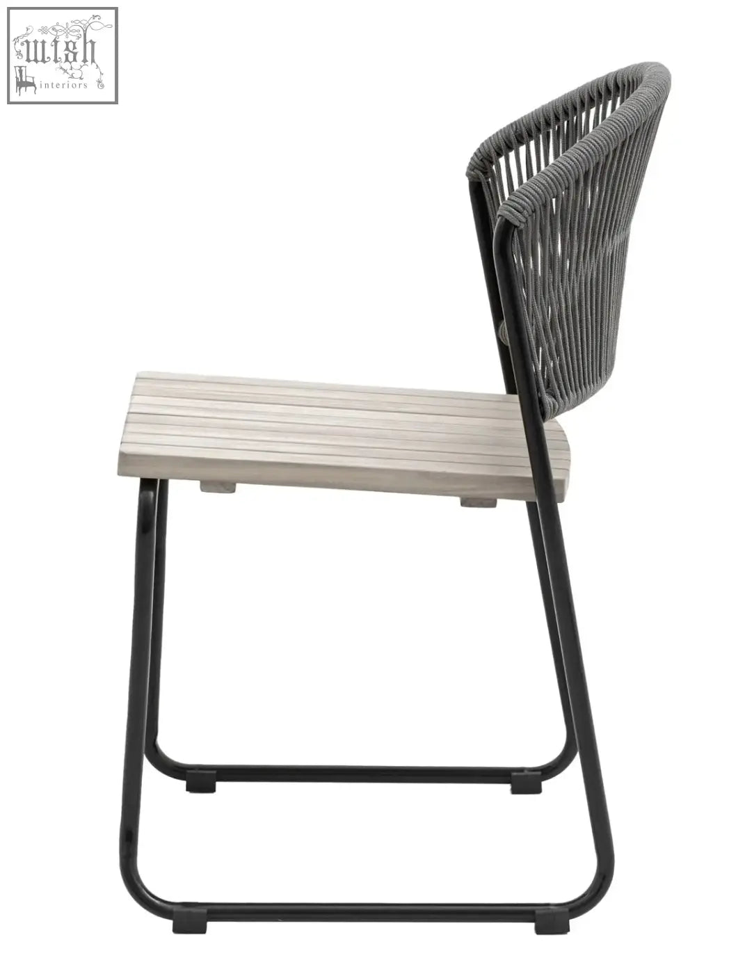 Gray woven wicker dining chair with light wood slat seat and black metal frame in a set of two taranto chairs