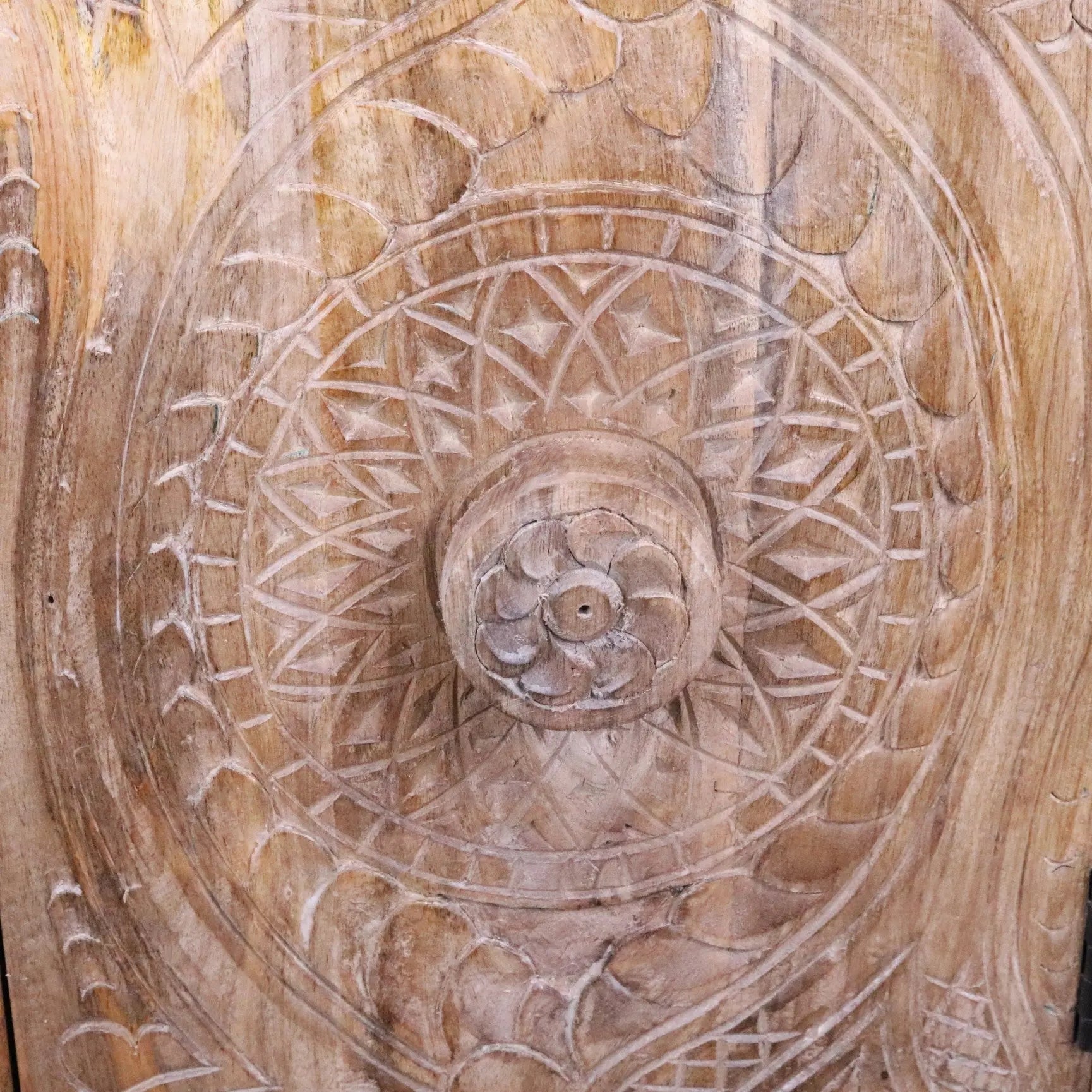 Tarinda carved wooden storage cabinet with hand carved door panel featuring intricate circular patterns and floral motif