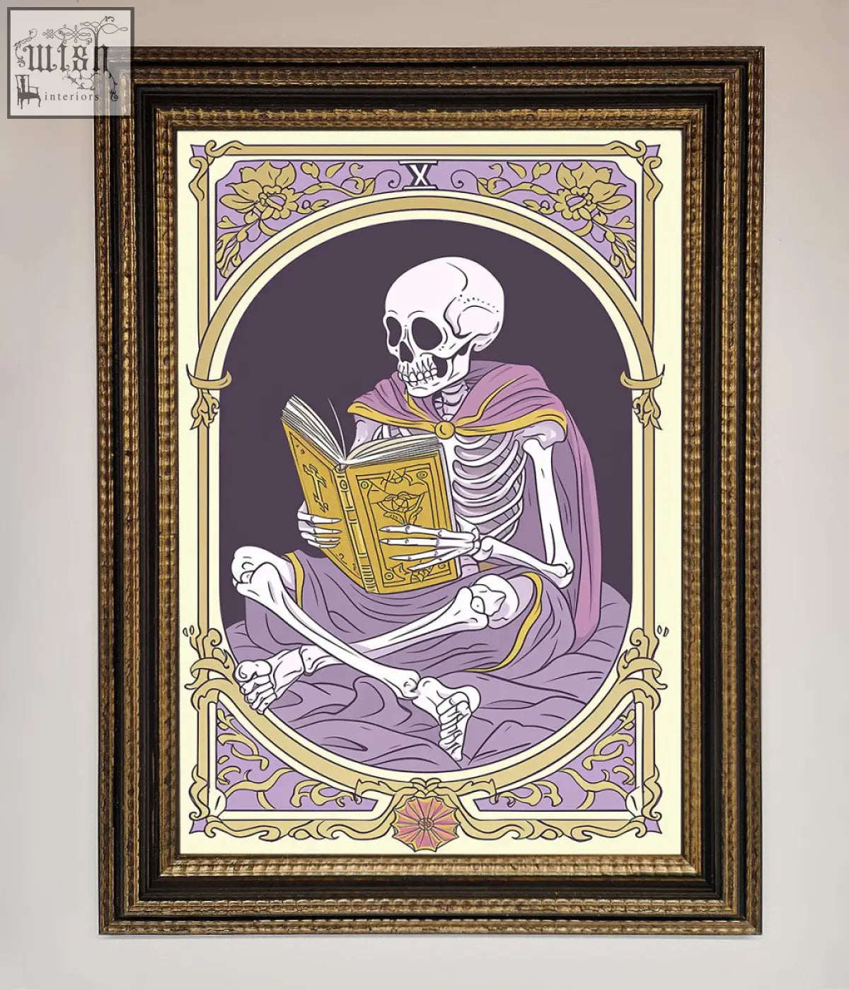 A framed print of a tarot skeleton reader in a purple robe holding a golden book with floral and roman numeral x design