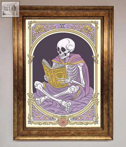 A framed print showing a tarot skeleton reader in a purple robe holding an ornate golden book in an arched border