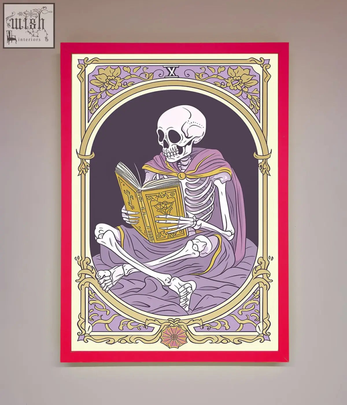 A framed print of a tarot skeleton reader in a purple robe holding a golden book with a red and gold border