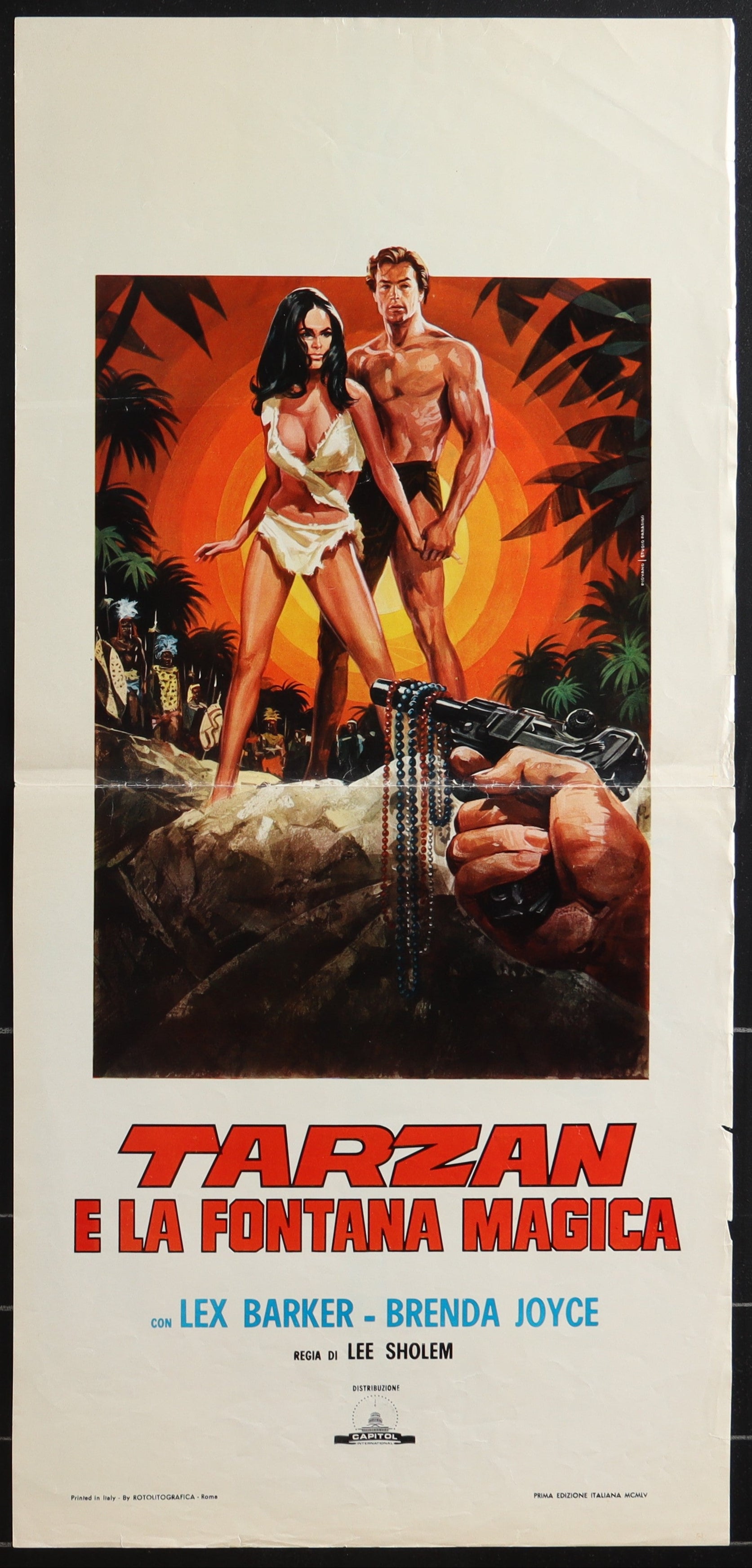 Vintage italian locandina movie poster for tarzan e la fontana magica with bold red lettering and jungle scene