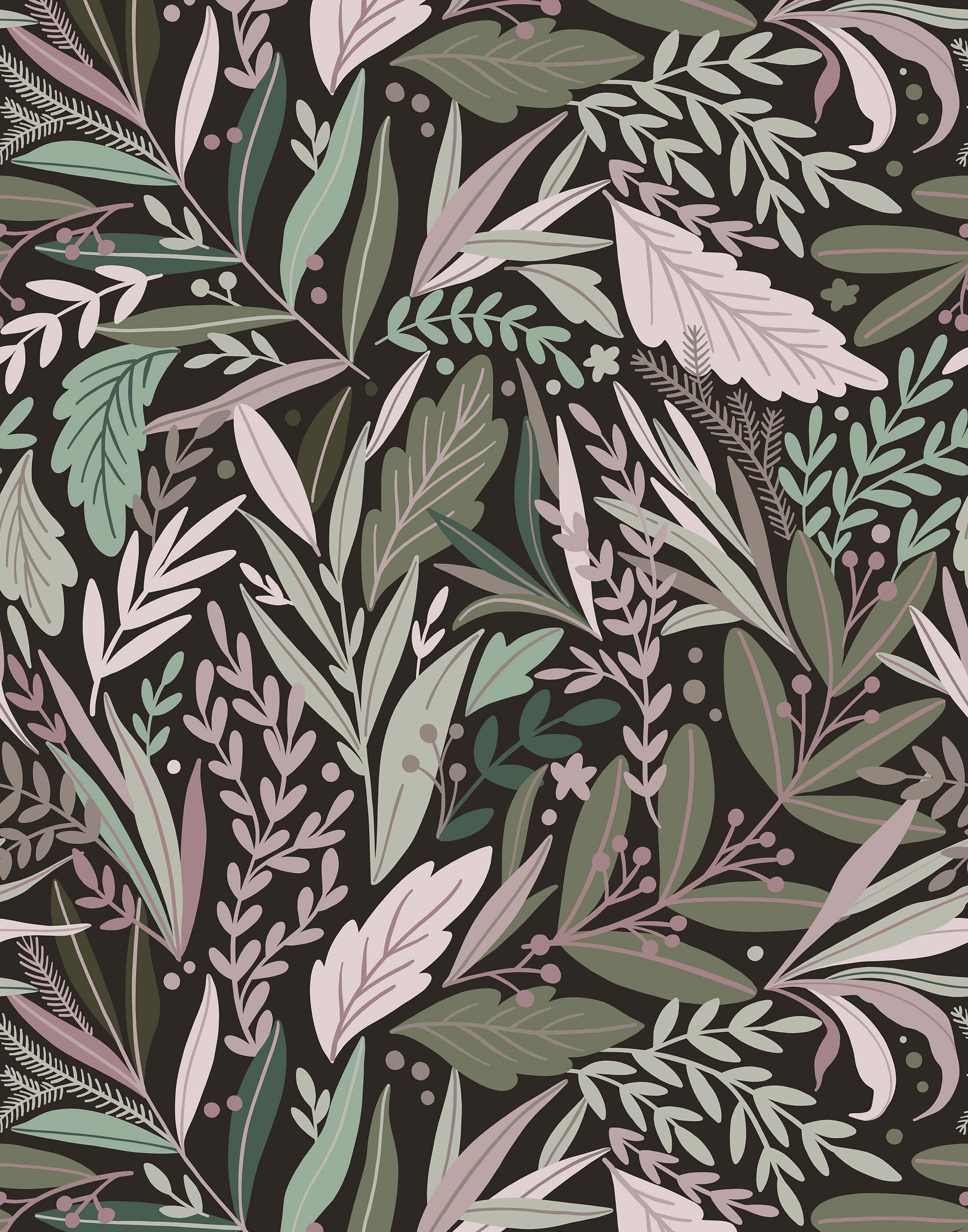 Botanical patterned fabric tate with dark charcoal base and soft green floral wallpaper style leaf designs