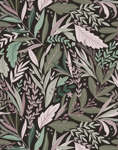 Botanical patterned fabric tate with dark charcoal base and soft green floral wallpaper style leaf designs