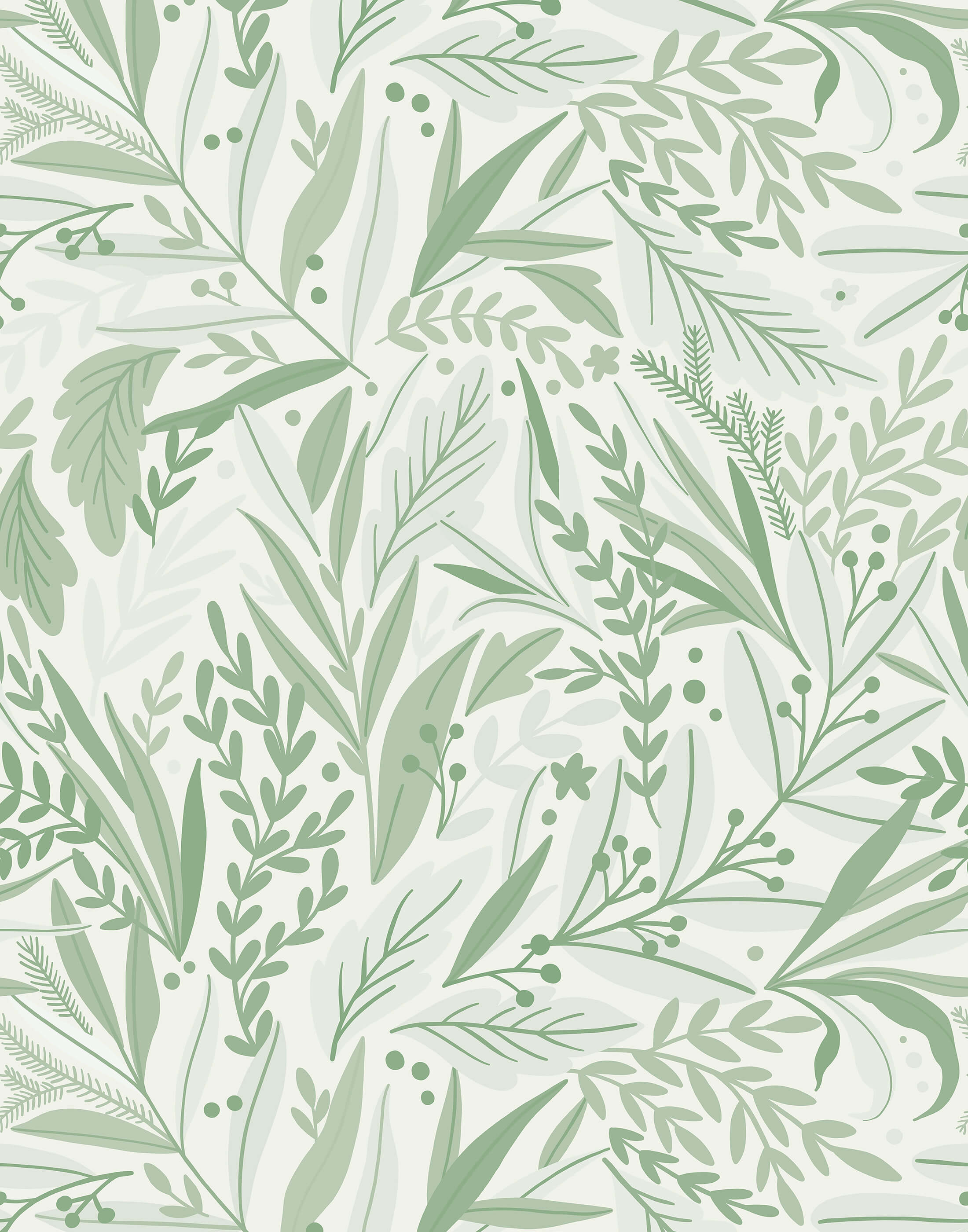 Tate floral wallpaper featuring delicate green leaves and sprigs in soft sage and olive on an off-white background
