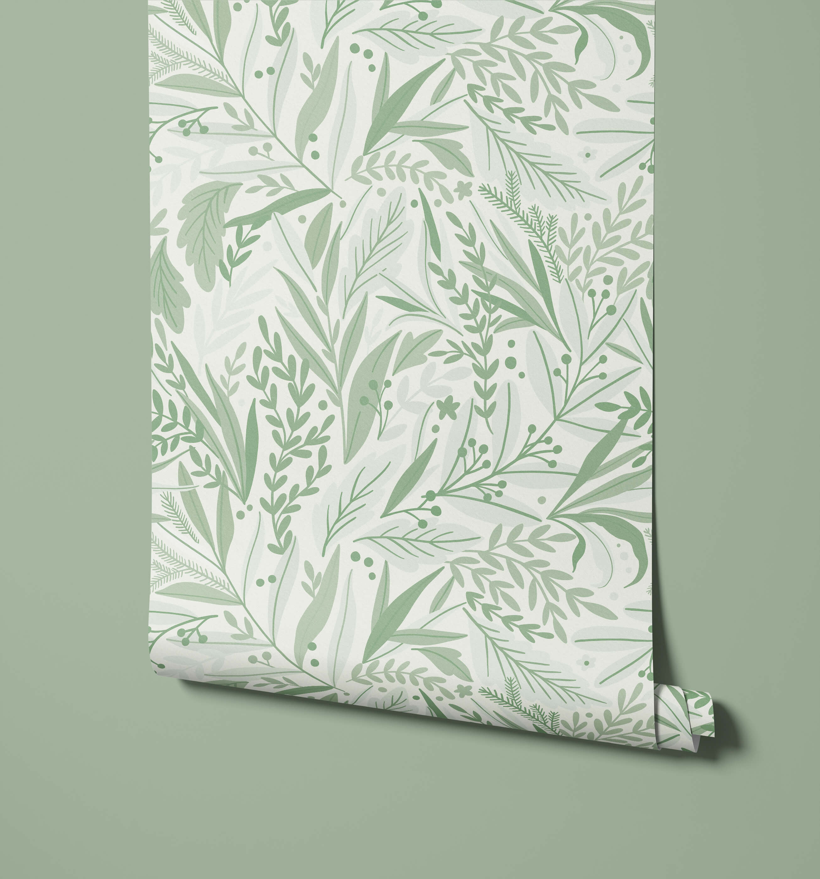 A roll of tate floral wallpaper in light green with delicate leaf and branch patterns on a soft white background