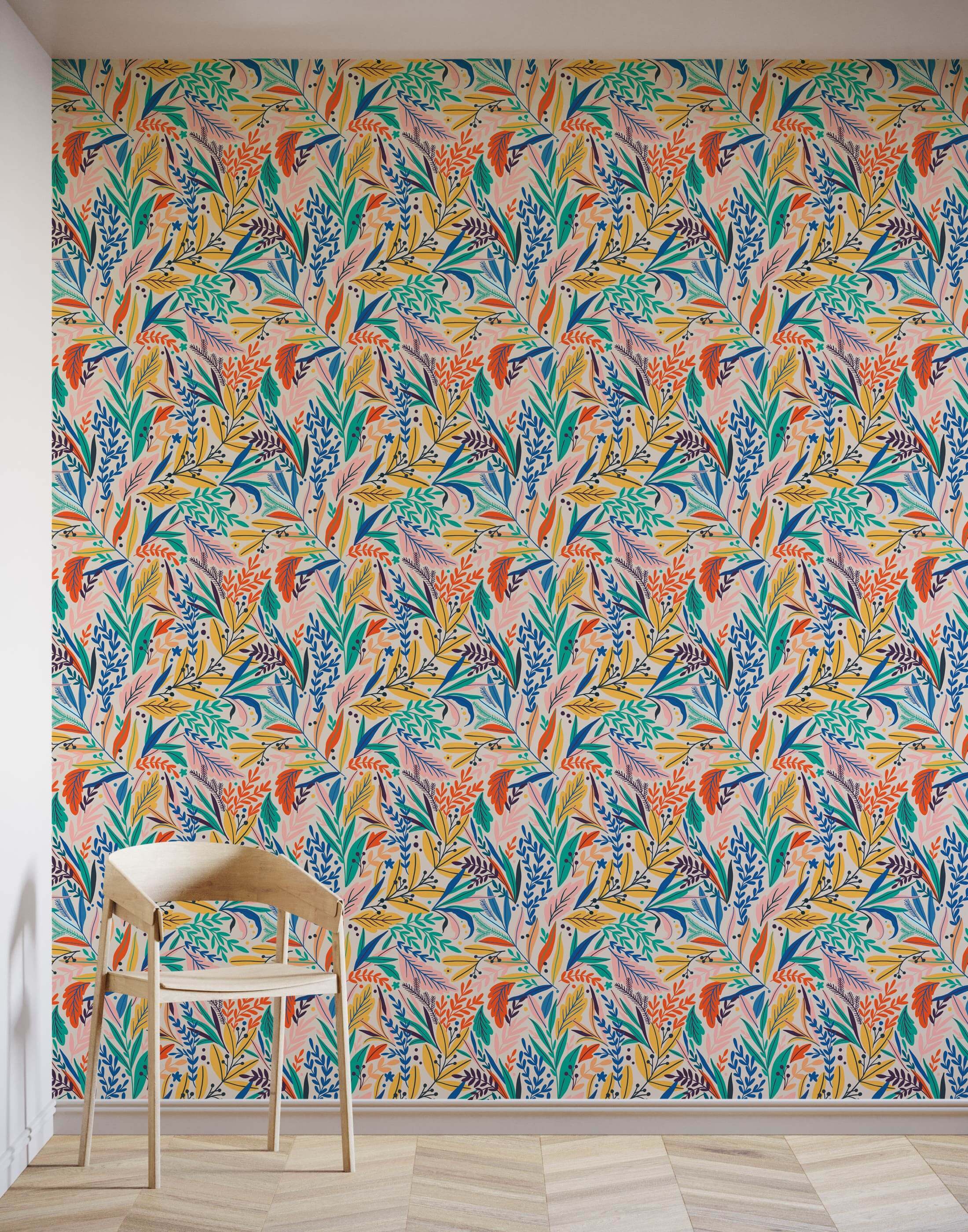 A modern wooden tate chair with minimalist design and light beige finish against floral wallpaper