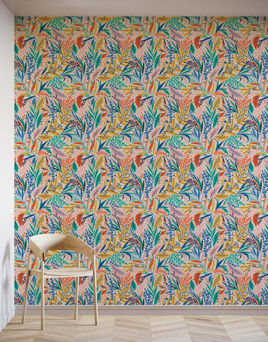 A modern wooden tate chair with minimalist design and light beige finish against floral wallpaper