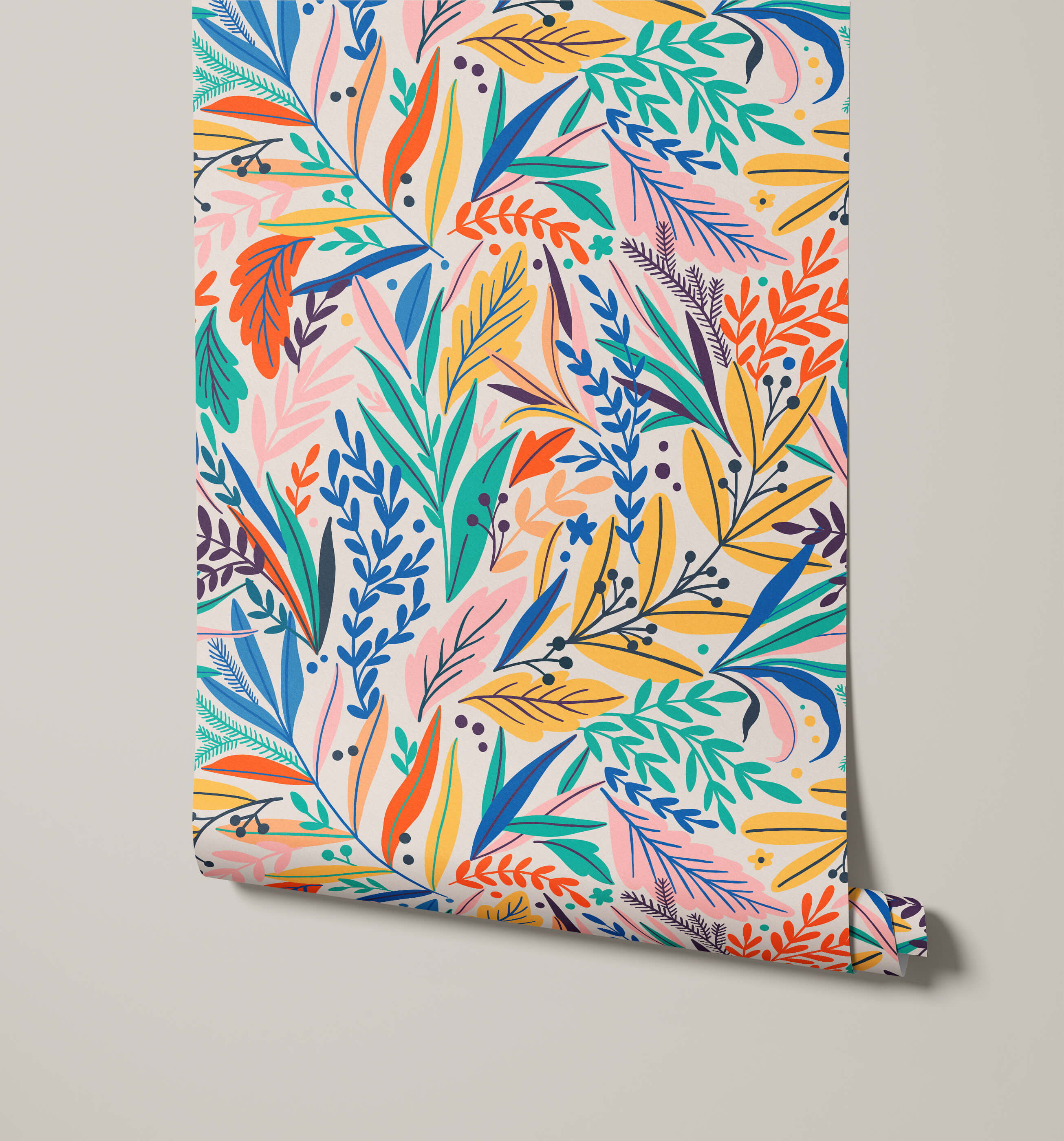 Tate floral wallpaper rolled up with vibrant colorful botanical leaves in blue green orange pink and yellow on white background