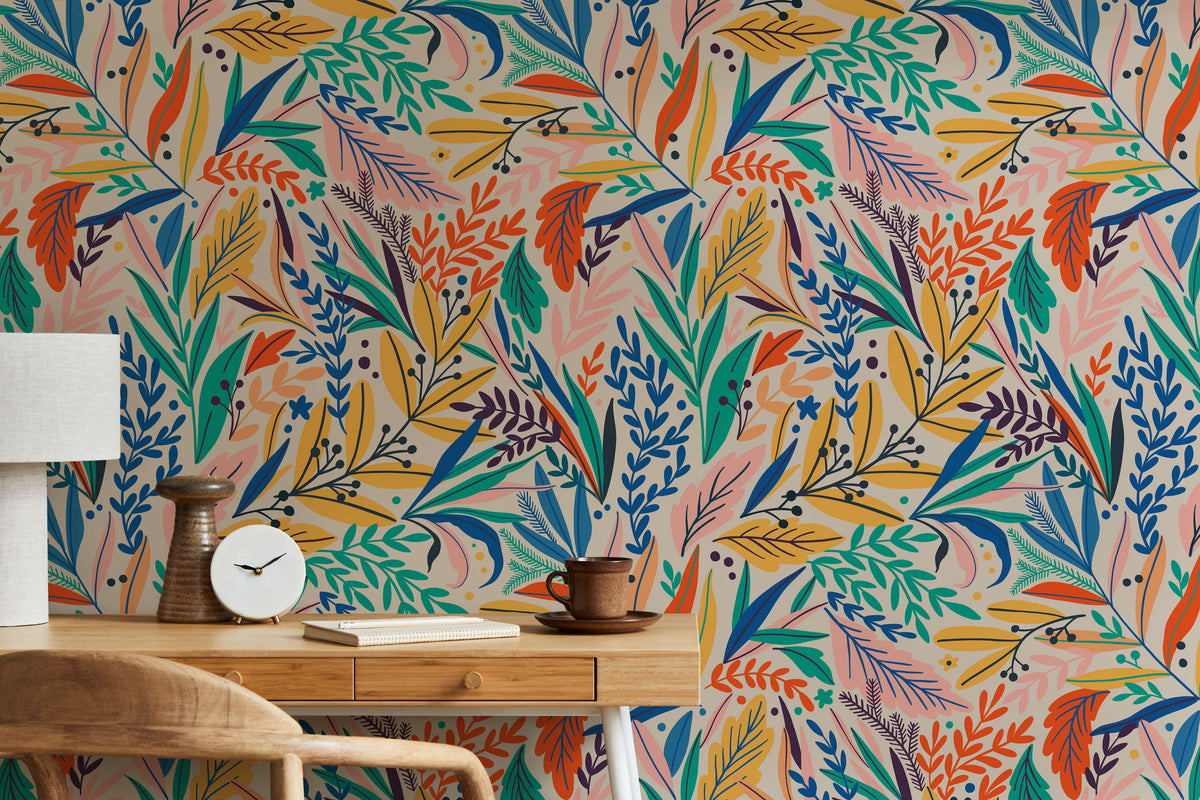 Vibrant tate floral wallpaper with colorful green orange blue and pink leaves on a soft beige background