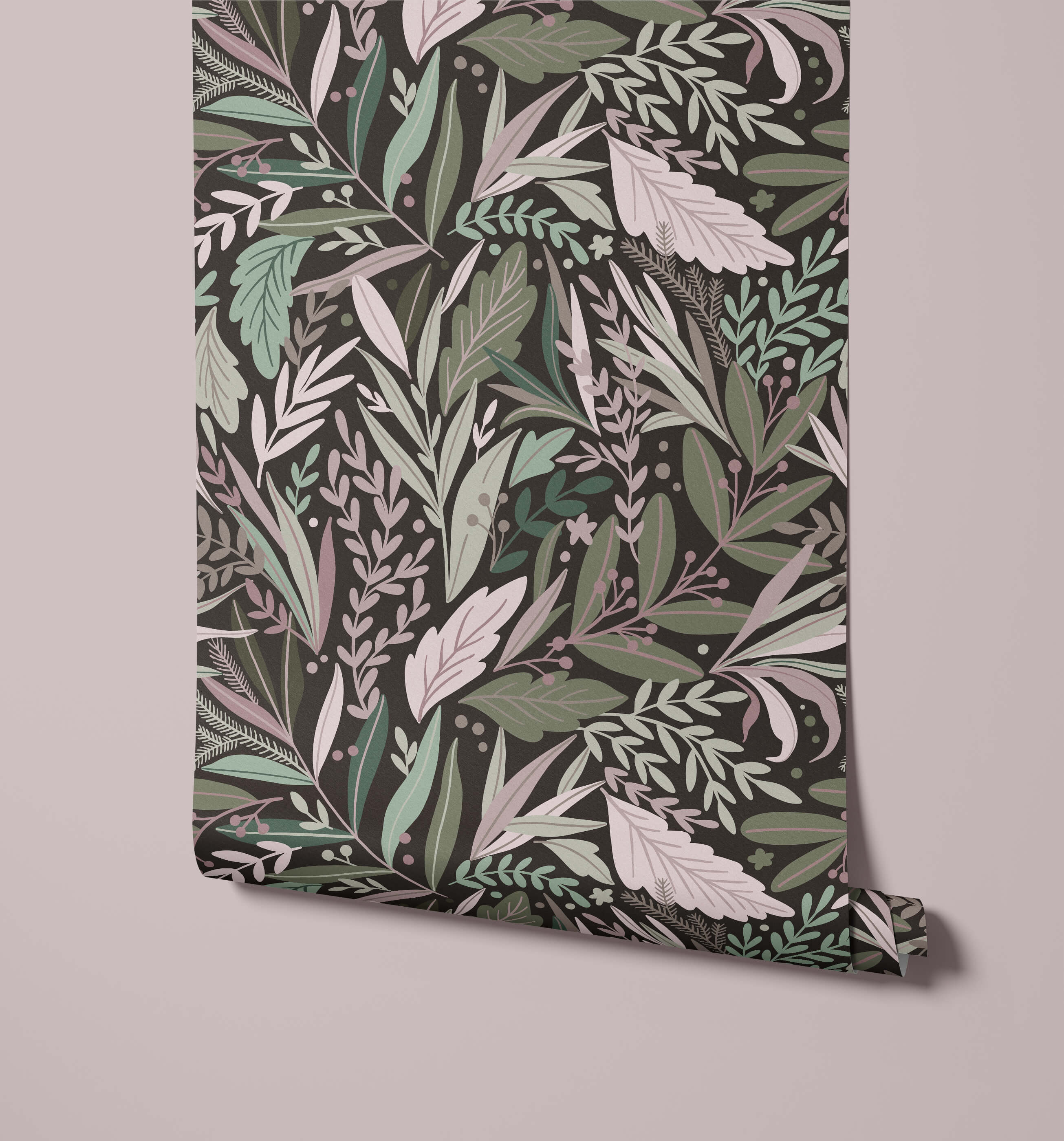 A roll of tate floral wallpaper with dark green background and intricate leaf patterns in muted greens whites and pinks