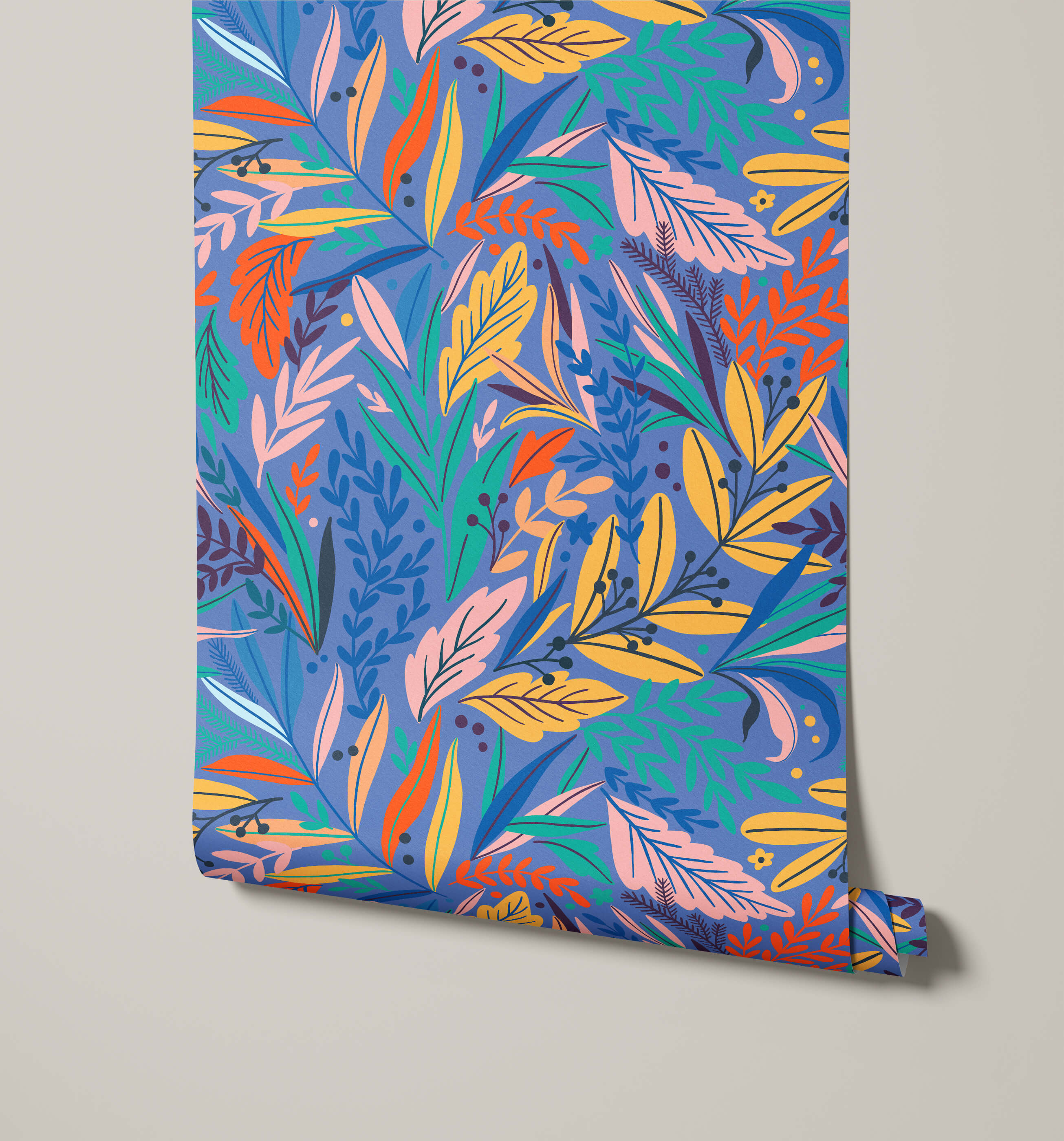 Vibrant blue tate floral wallpaper with a lively pattern of yellow orange pink and green leaves for room decor