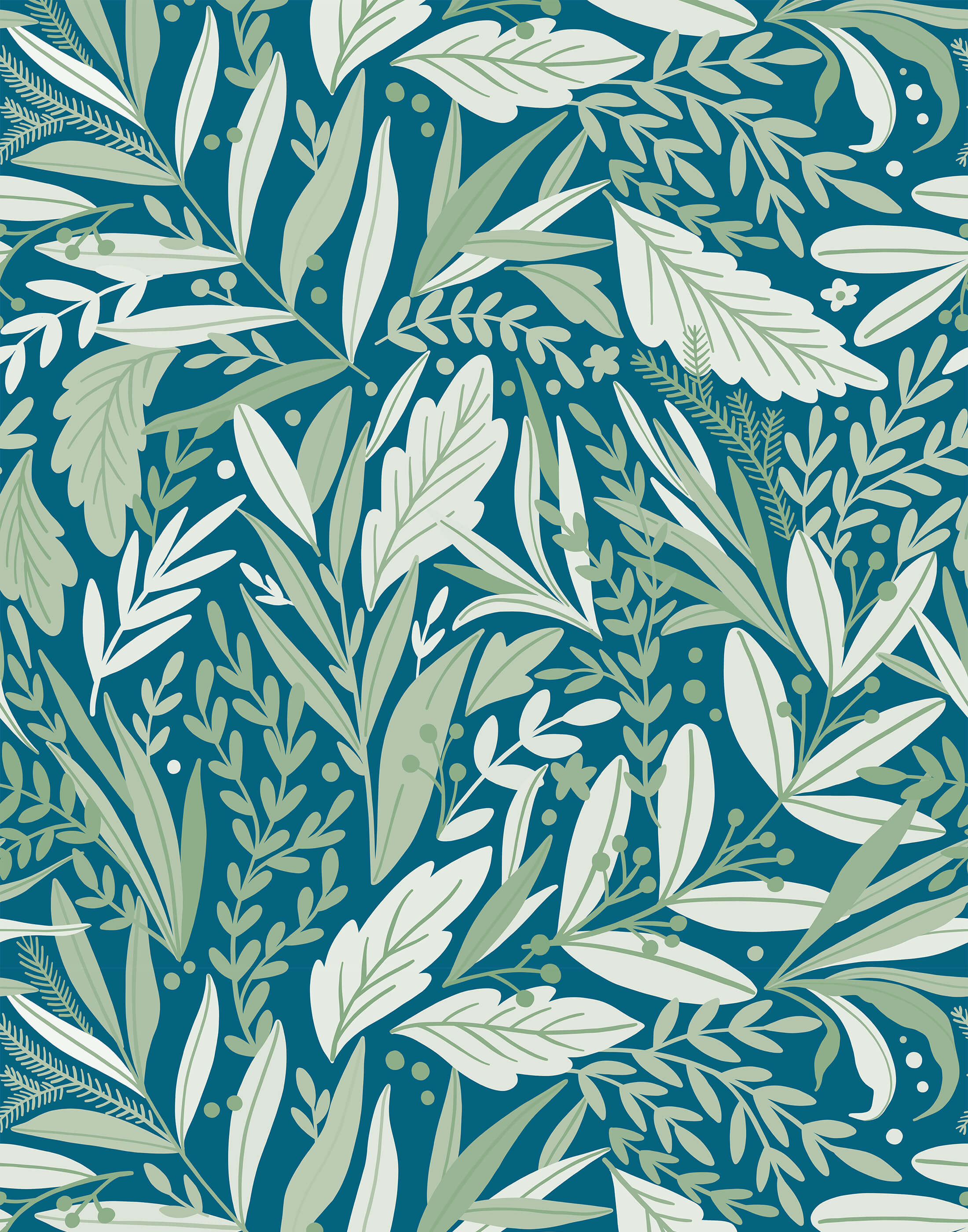 Teal and cream tate floral wallpaper with stylized leaves in varying shades of green for a fresh botanical look