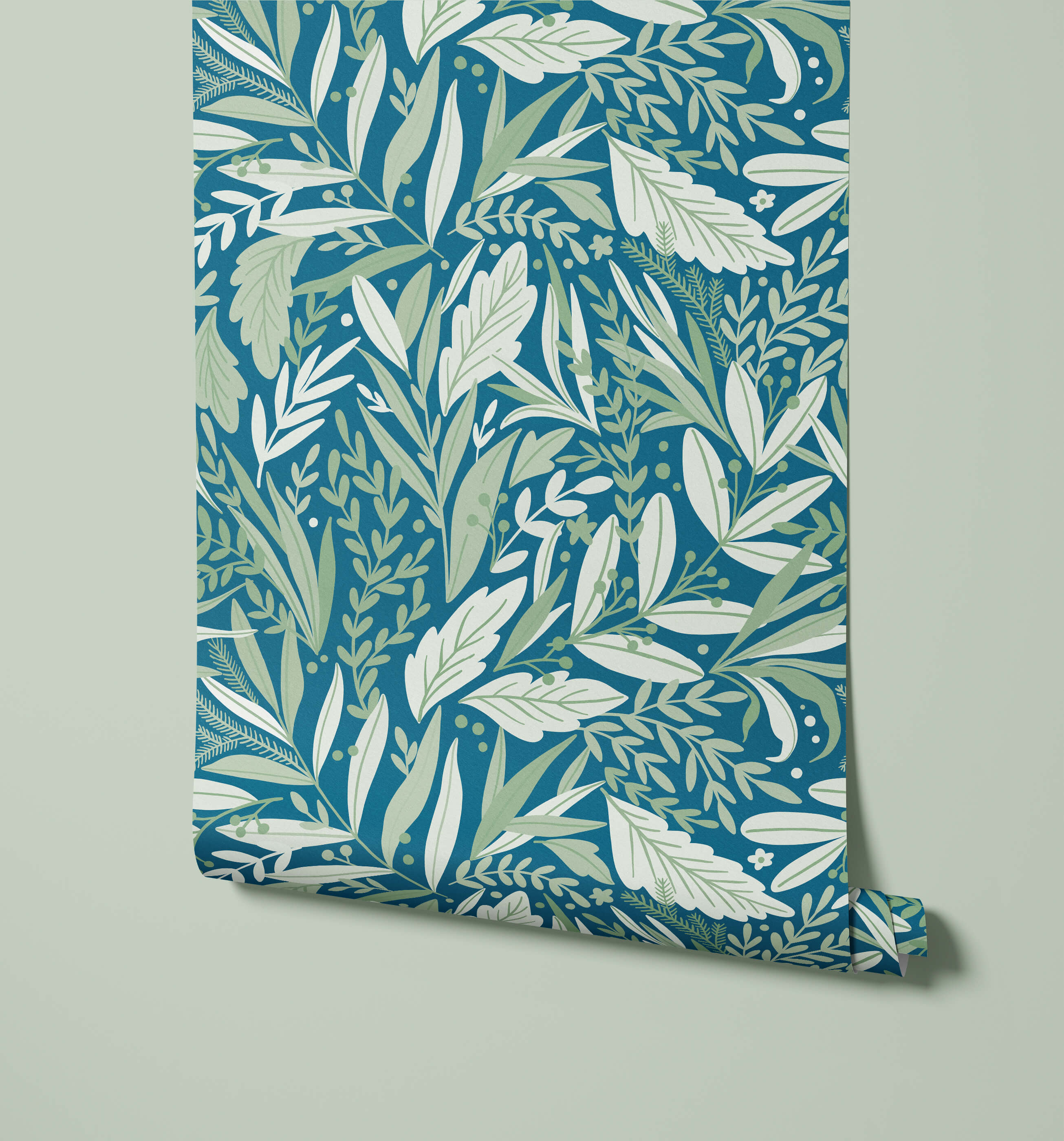 A roll of tate floral wallpaper with teal background and intricate white and light green foliage pattern