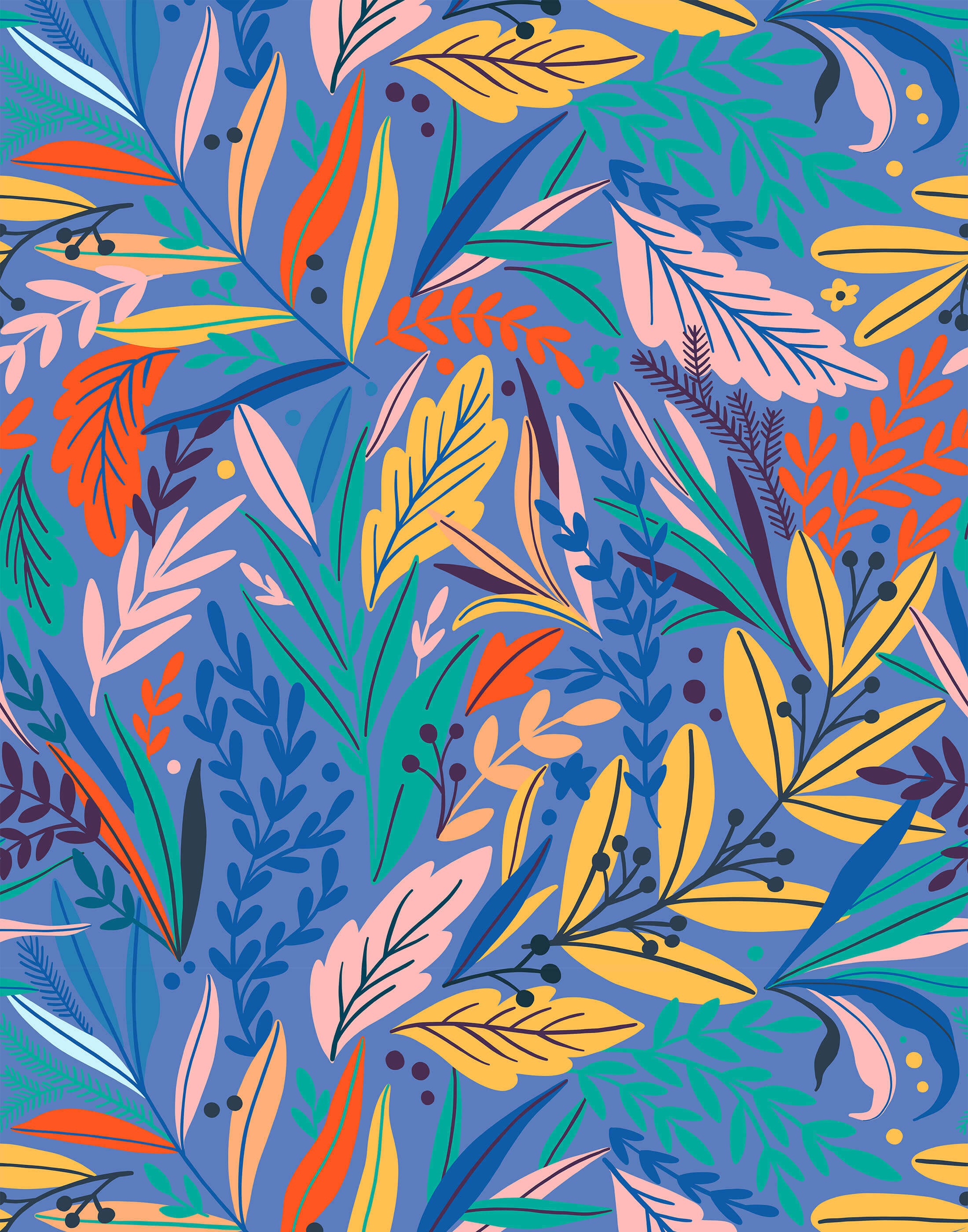 Vibrant tate floral wallpaper with stylized yellow orange pink and teal leaves on deep blue background