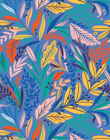 Vibrant tate floral wallpaper with stylized yellow orange pink and teal leaves on deep blue background