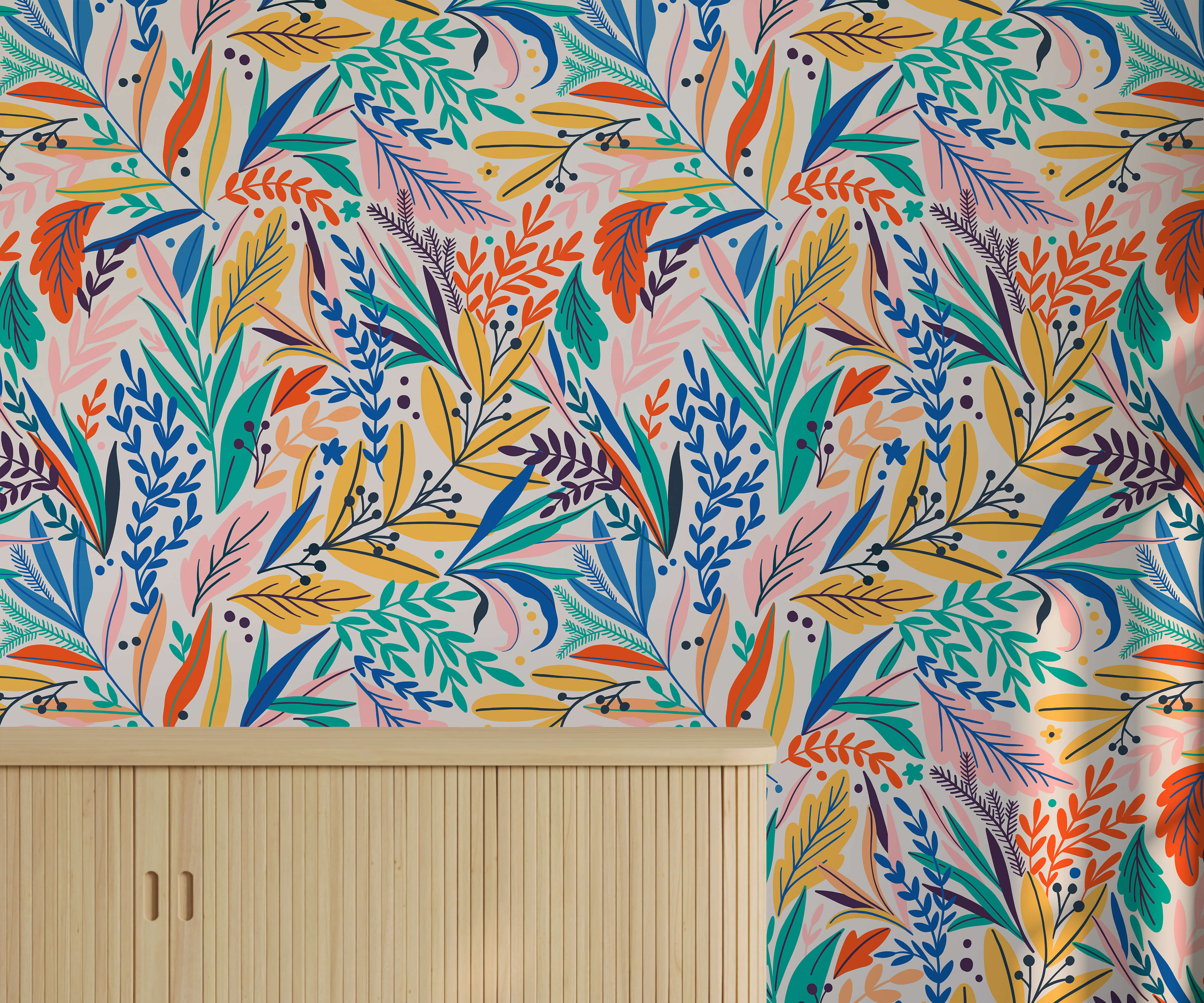 Tate floral wallpaper with vibrant stylized leaves in blue green orange yellow and pink on soft off-white background