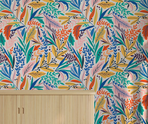 Tate floral wallpaper with vibrant stylized leaves in blue green orange yellow and pink on soft off-white background