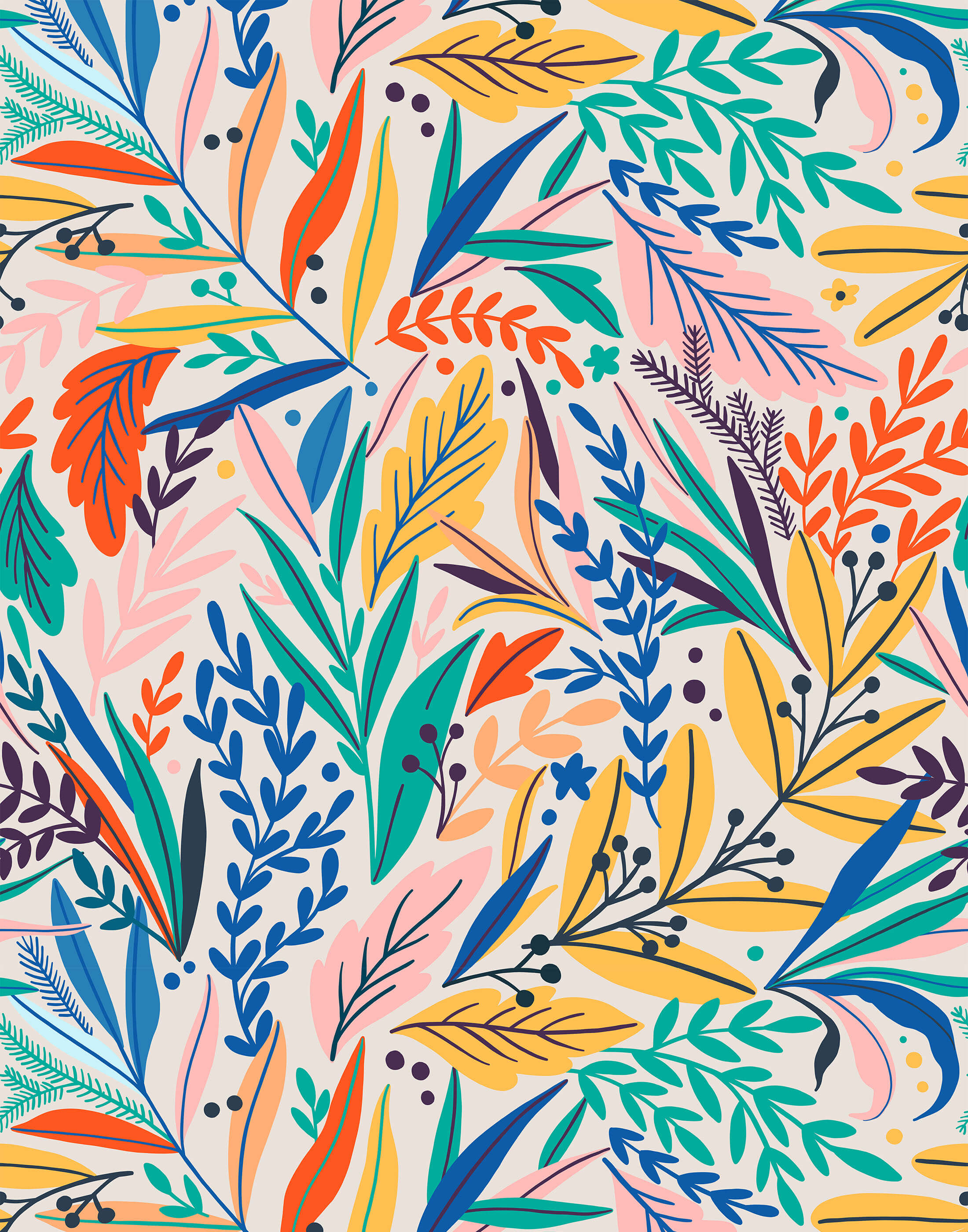 Tate floral wallpaper with vibrant colorful leaves and branches on a light cream background for stylish decor
