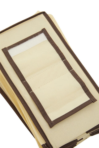 Tavia cream brown trim hanging shoe organiser in beige fabric with clear plastic window and 10 sections